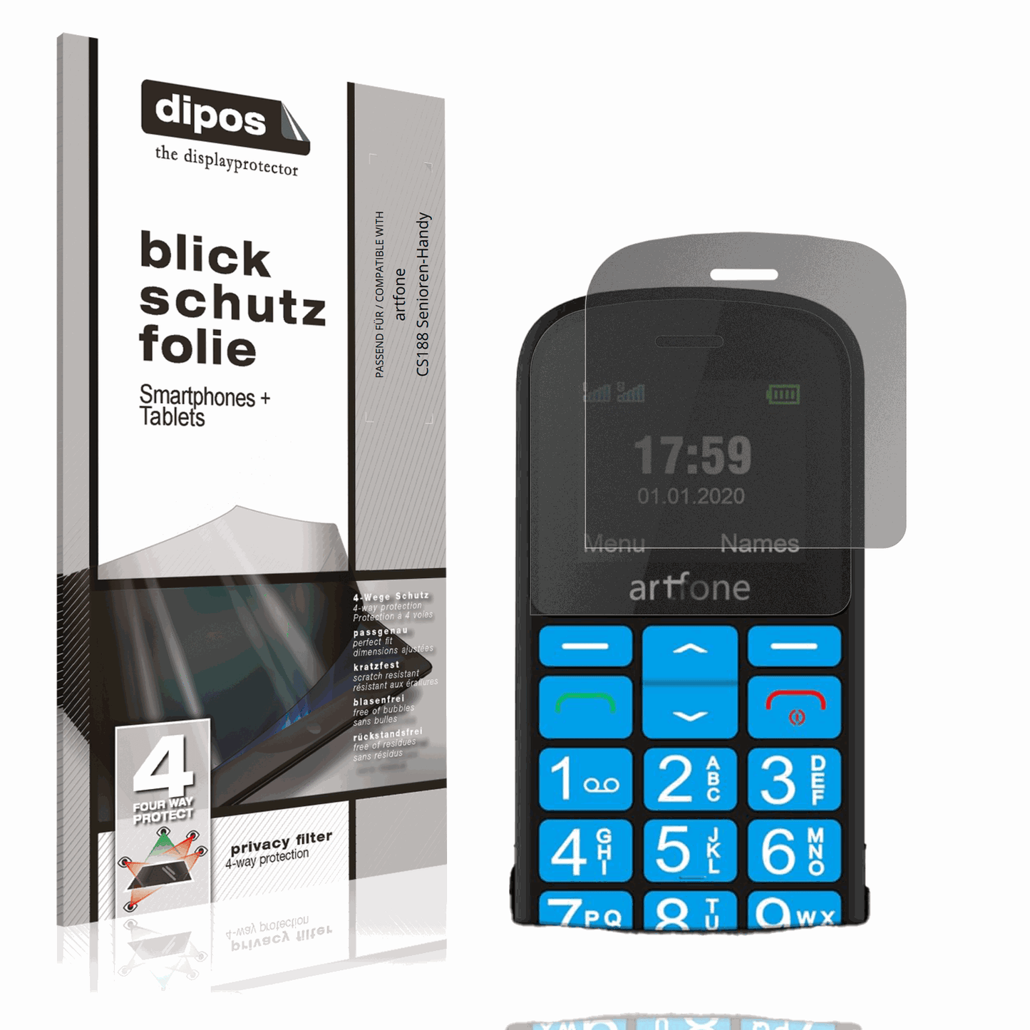 Blickschutzfolie von dipos passend für artfone CS188 Senioren-Handy, präziser Zuschnitt und blasenfrei montiert