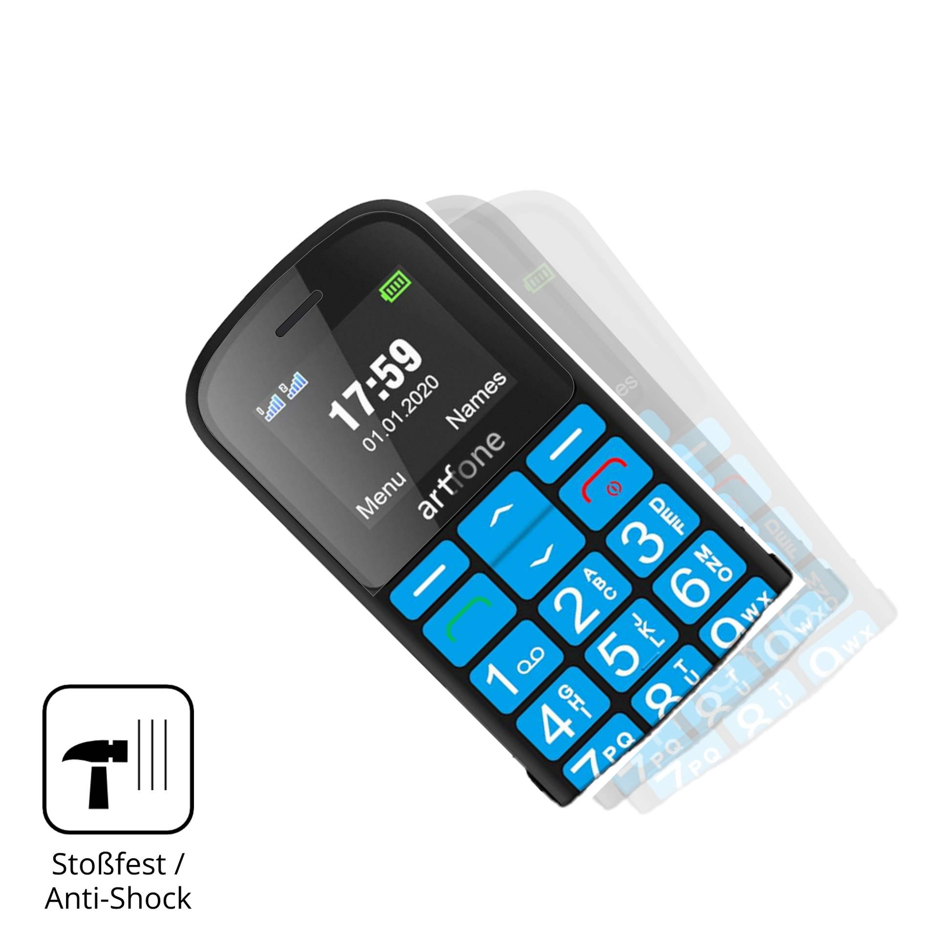 Schutz gegen Kratzer auf dem artfone CS188 Senioren-Handy Glas durch Schlüssel, Stöße gegen die Tischkante oder Stürze