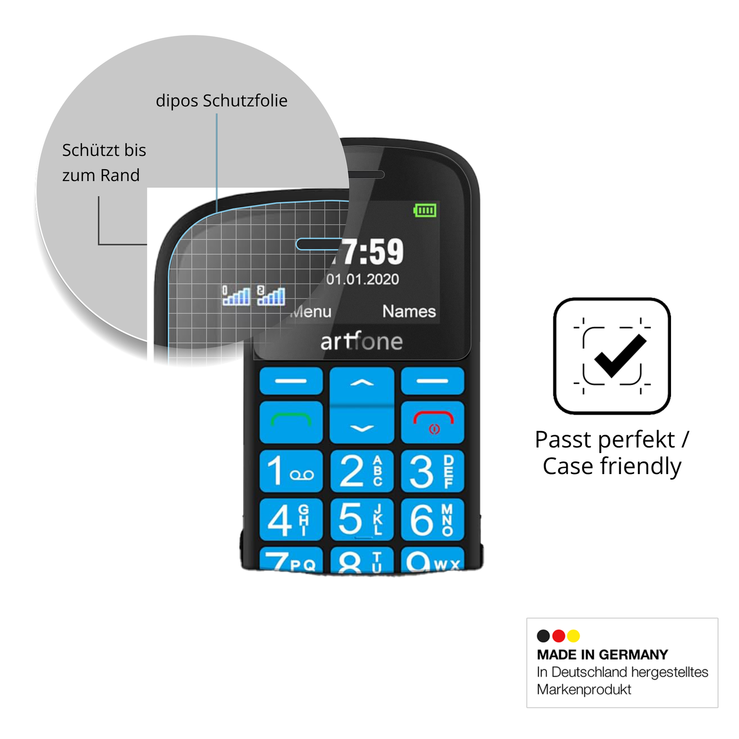 Schutzglasfolie mit optimaler Passform, zur Verwendung mit Hüllen geeignet