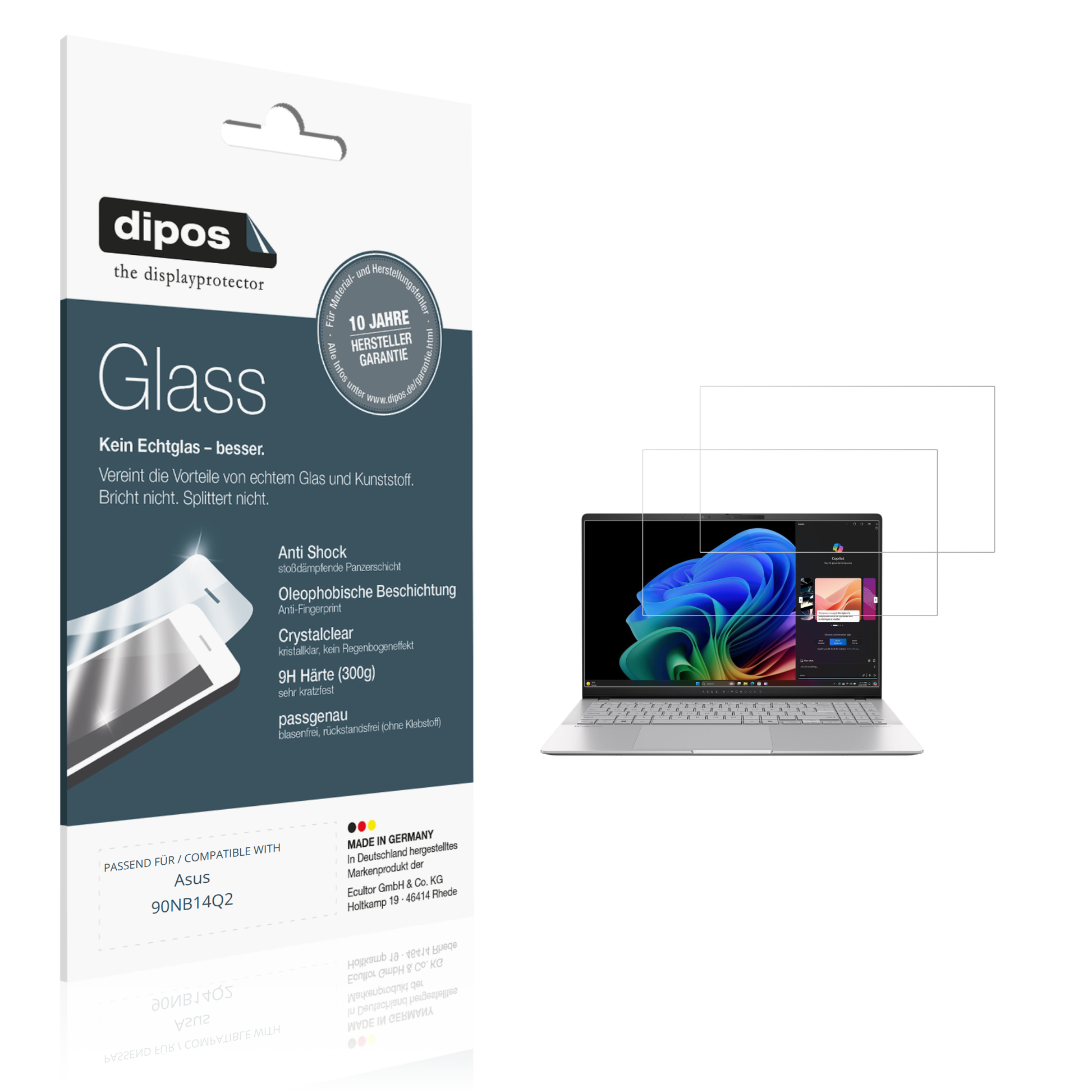 Klare Displayschutzfolie von dipos passend für asus90nb14q2, 9H kratzfest und blasenfrei montiert