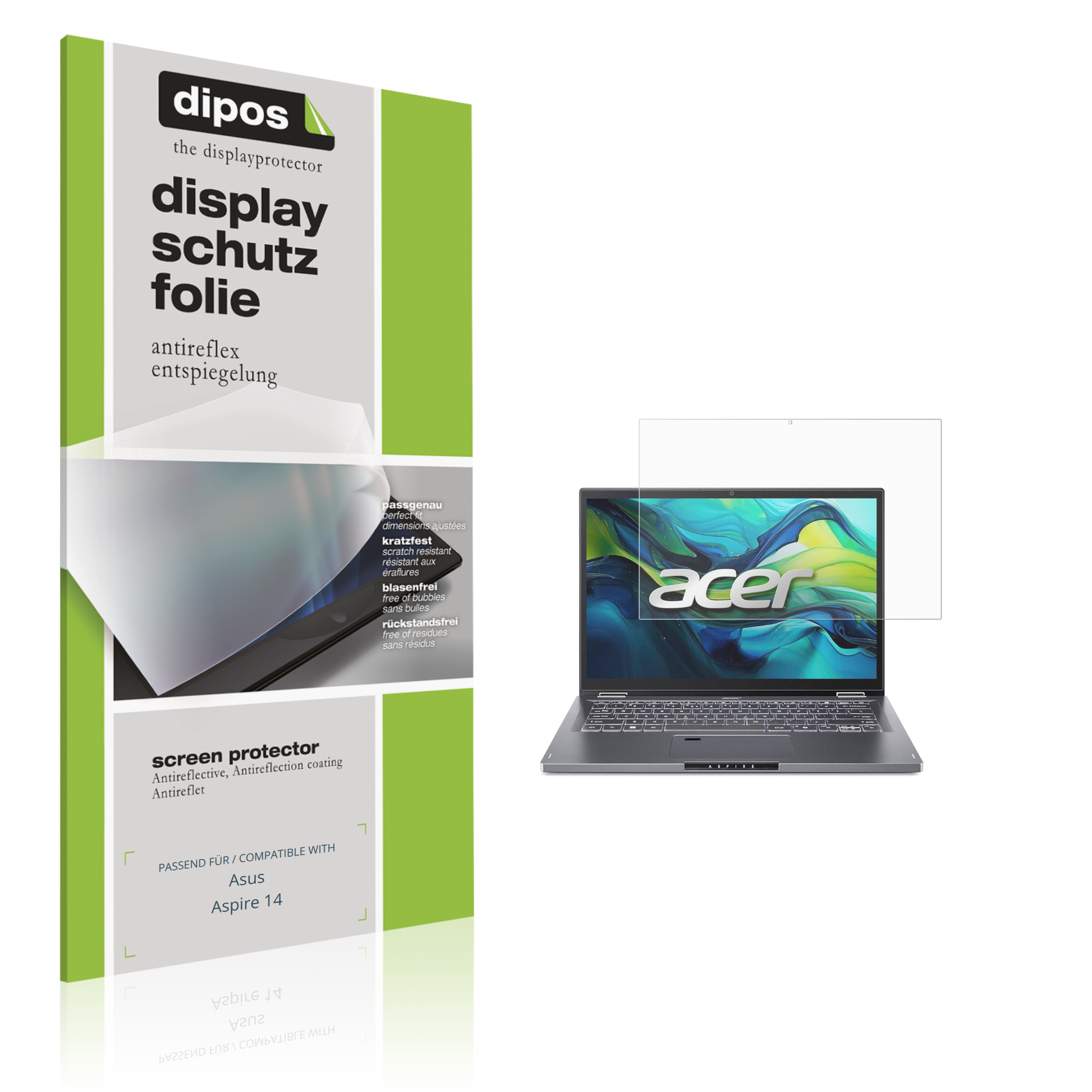 Matte Displayschutzfolie von dipos passend für Asus Aspire 14, präziser Zuschnitt und blasenfrei montiert