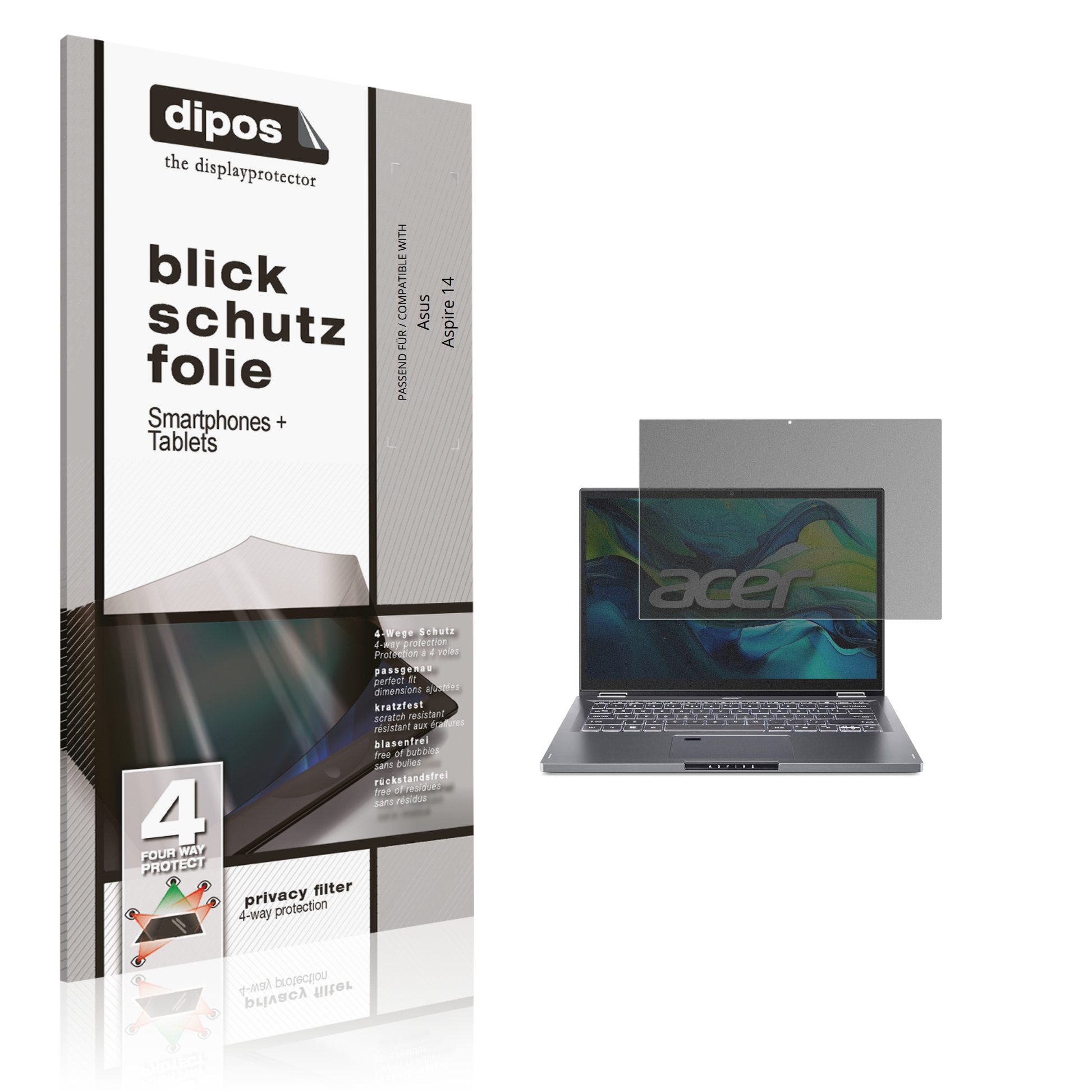 Blickschutzfolie von dipos passend für Asus Aspire 14, präziser Zuschnitt und blasenfrei montiert