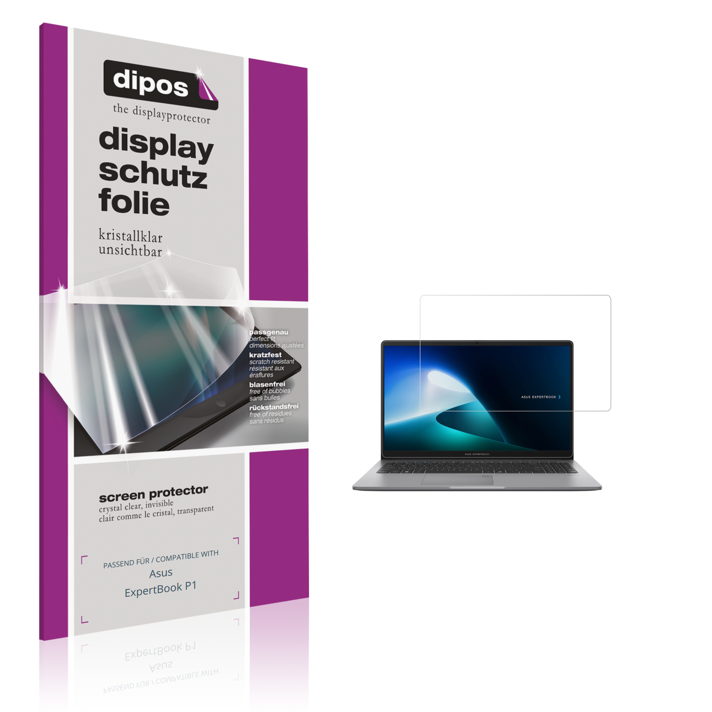 Klare Displayschutzfolie von dipos passend für Asus ExpertBook P1, präziser Zuschnitt und blasenfrei montiert