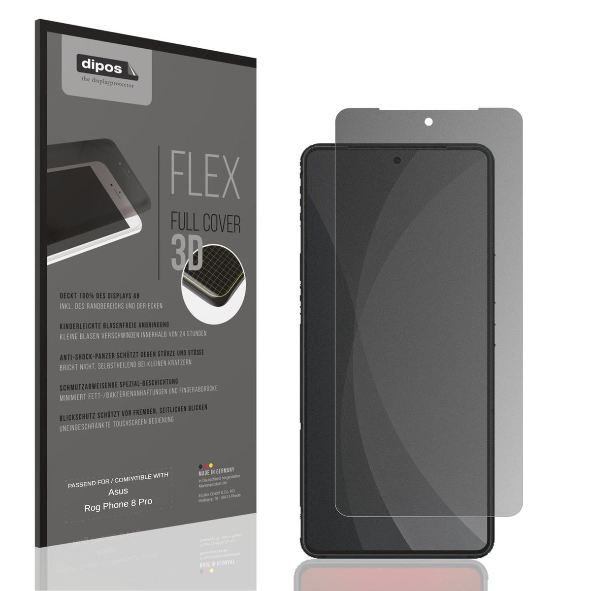 Blickschutzfolie von dipos passend für Asus Rog Phone 8 Pro, 100% Displayabdeckung und blasenfreie Montage