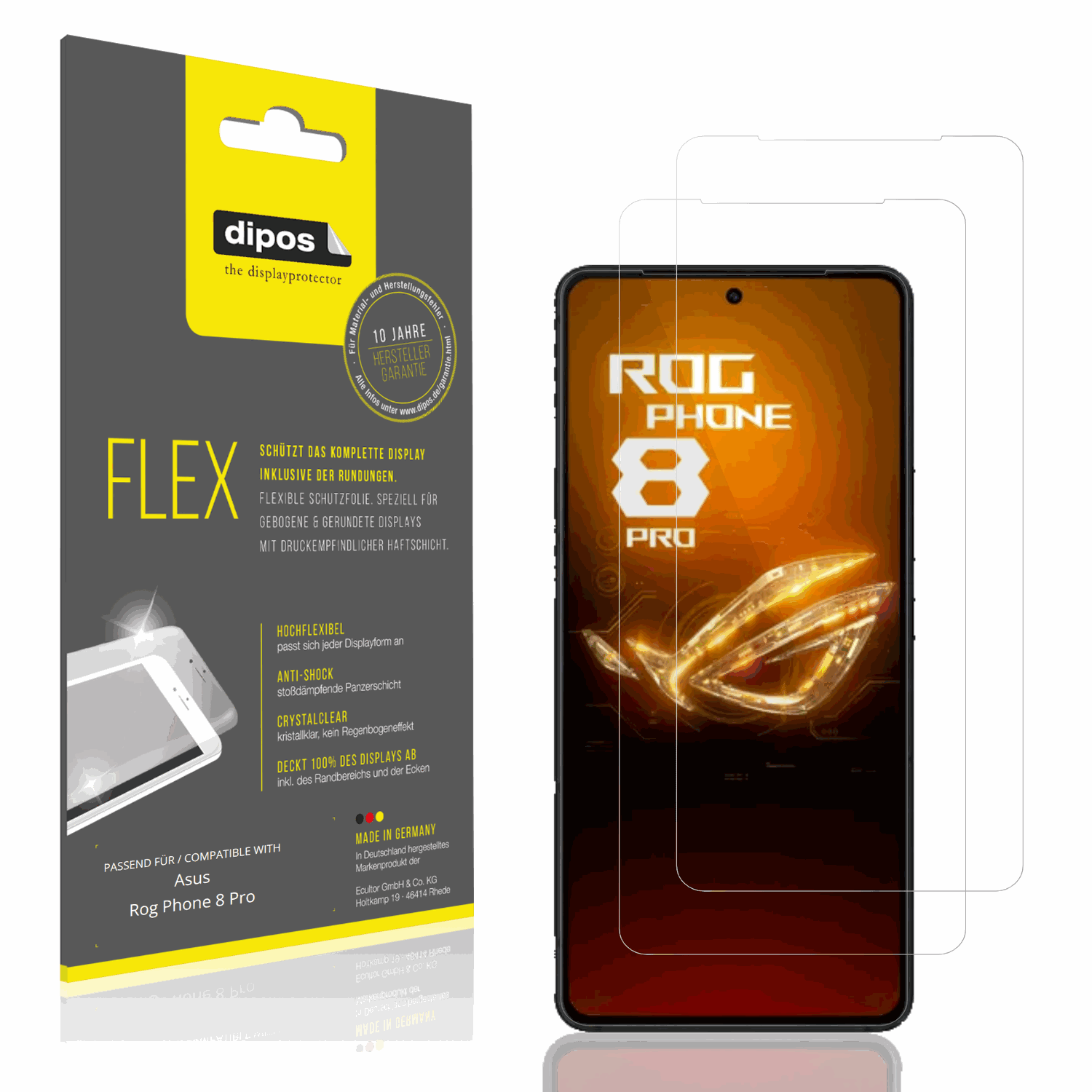 Klare Displayschutzfolie von dipos passend für Asus Rog Phone 8 Pro, 100% Displayabdeckung und blasenfreie Montage