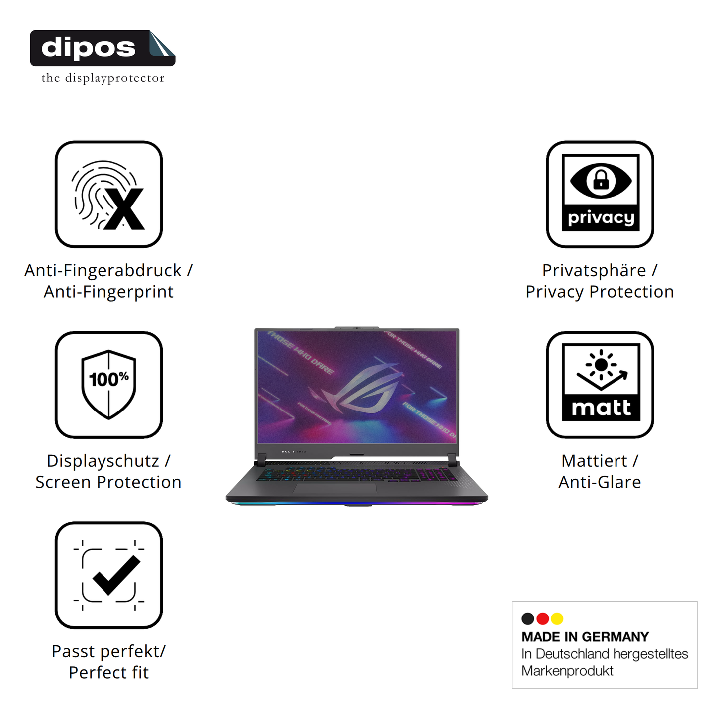 Privatsphäre-Schutz durch Sichtschutz-Folie passend zugeschnitten für ASUS ROG Strix G17 17.3 Zoll