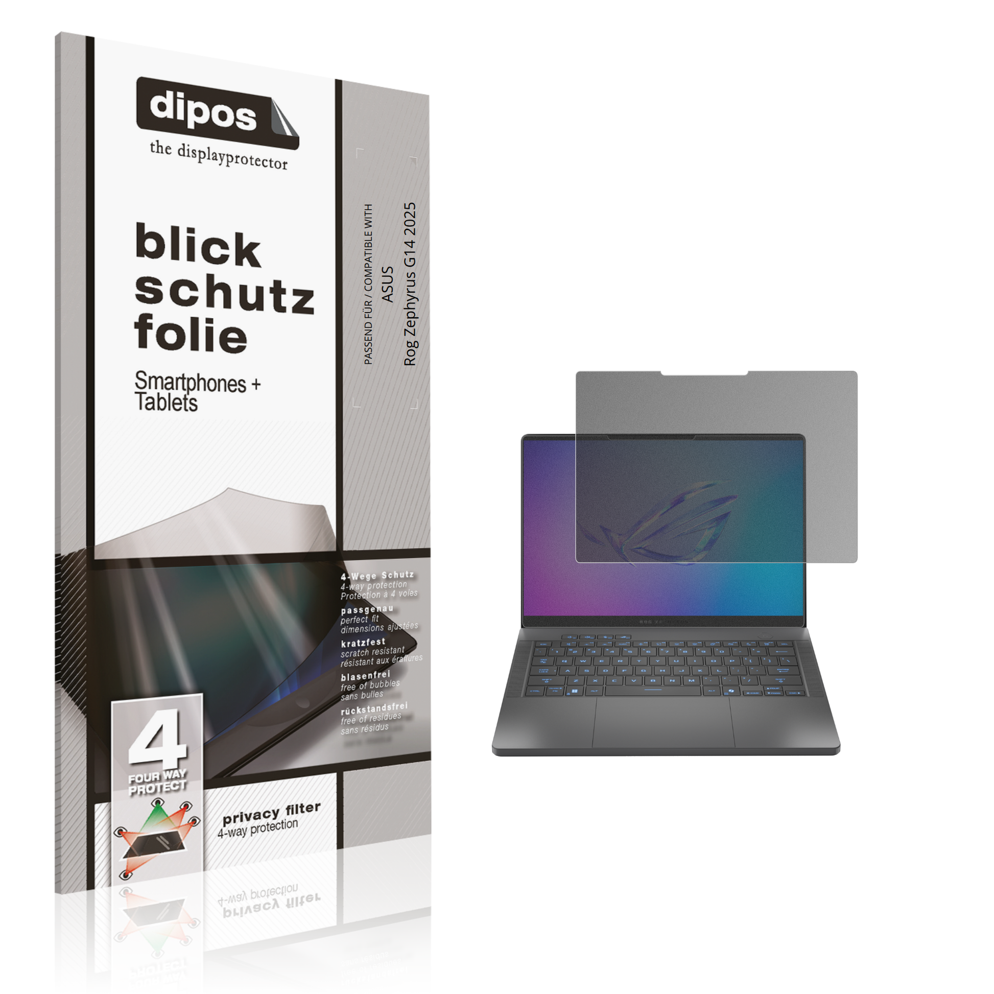 Blickschutzfolie von dipos passend für ASUS Rog Zephyrus G14 2025, präziser Zuschnitt und blasenfrei montiert