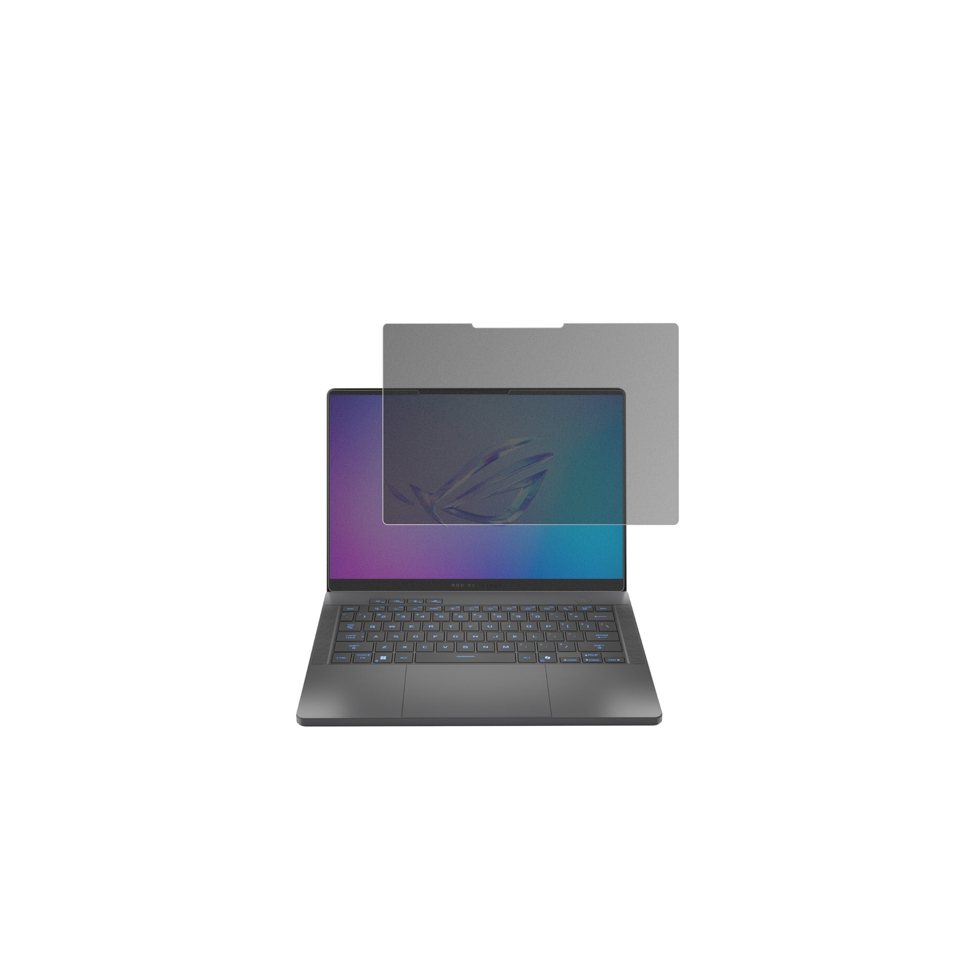 ASUSRog Zephyrus G14 2025 mit aufgebrachtem dipos Displayschutz, der seitliche Einblicke blockiert