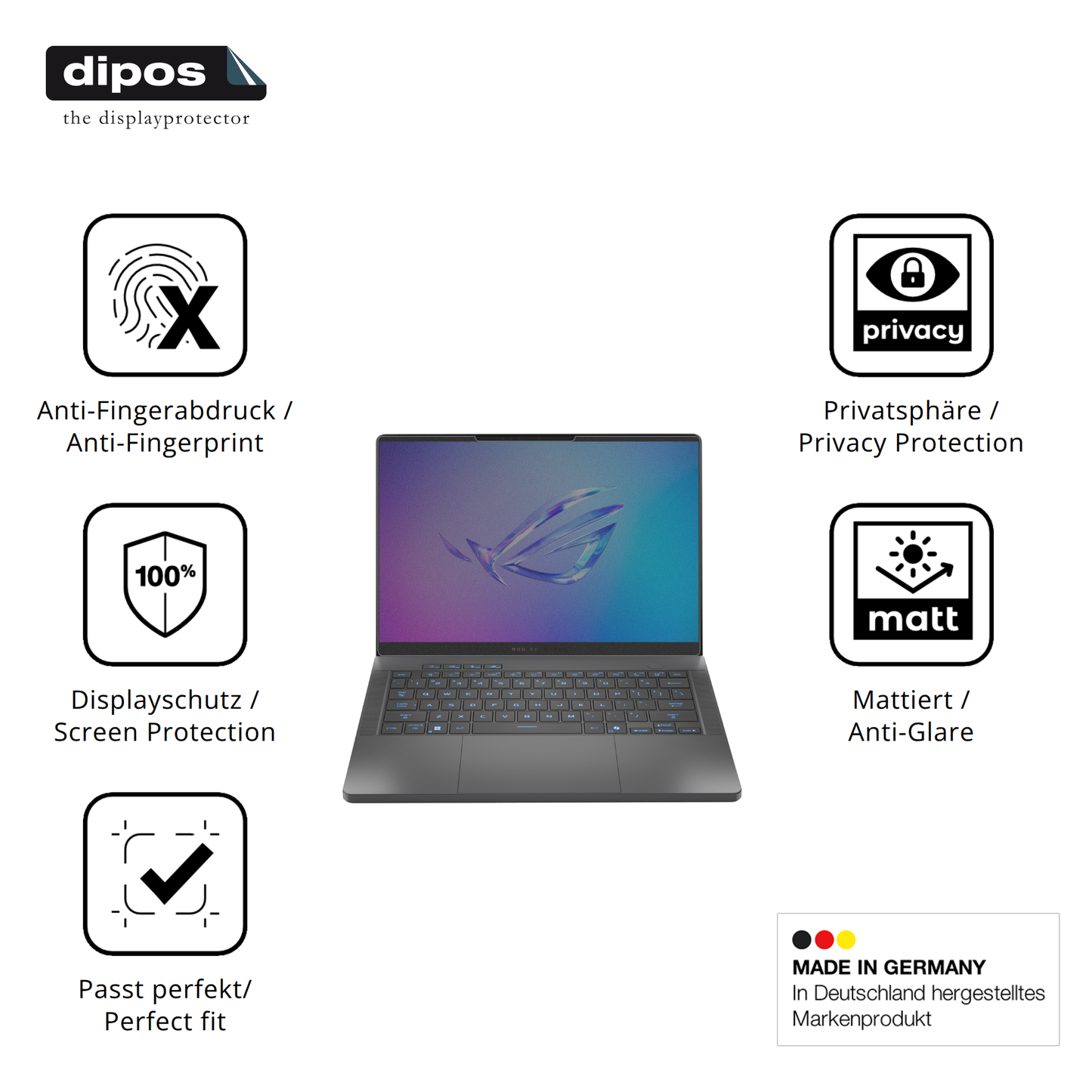 Privatsphäre-Schutz durch Sichtschutz-Folie passend zugeschnitten für ASUS Rog Zephyrus G14 2025