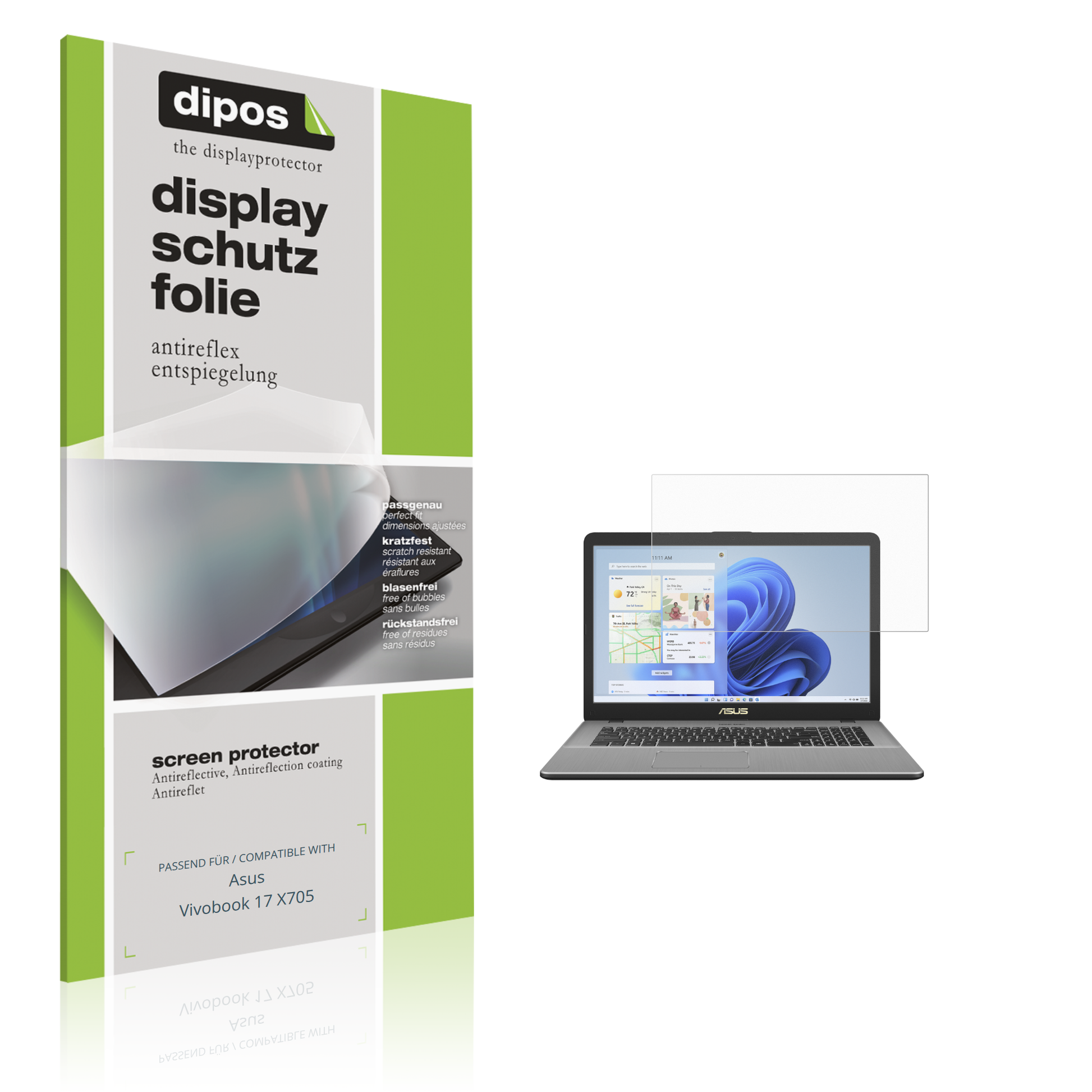 Matte Displayschutzfolie von dipos passend für Asus Vivobook 17 X705, präziser Zuschnitt und blasenfrei montiert
