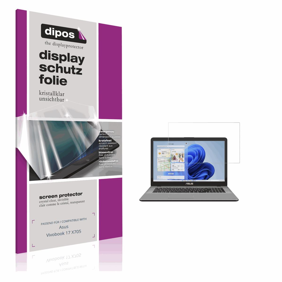 Klare Displayschutzfolie von dipos passend für Asus Vivobook 17 X705, präziser Zuschnitt und blasenfrei montiert