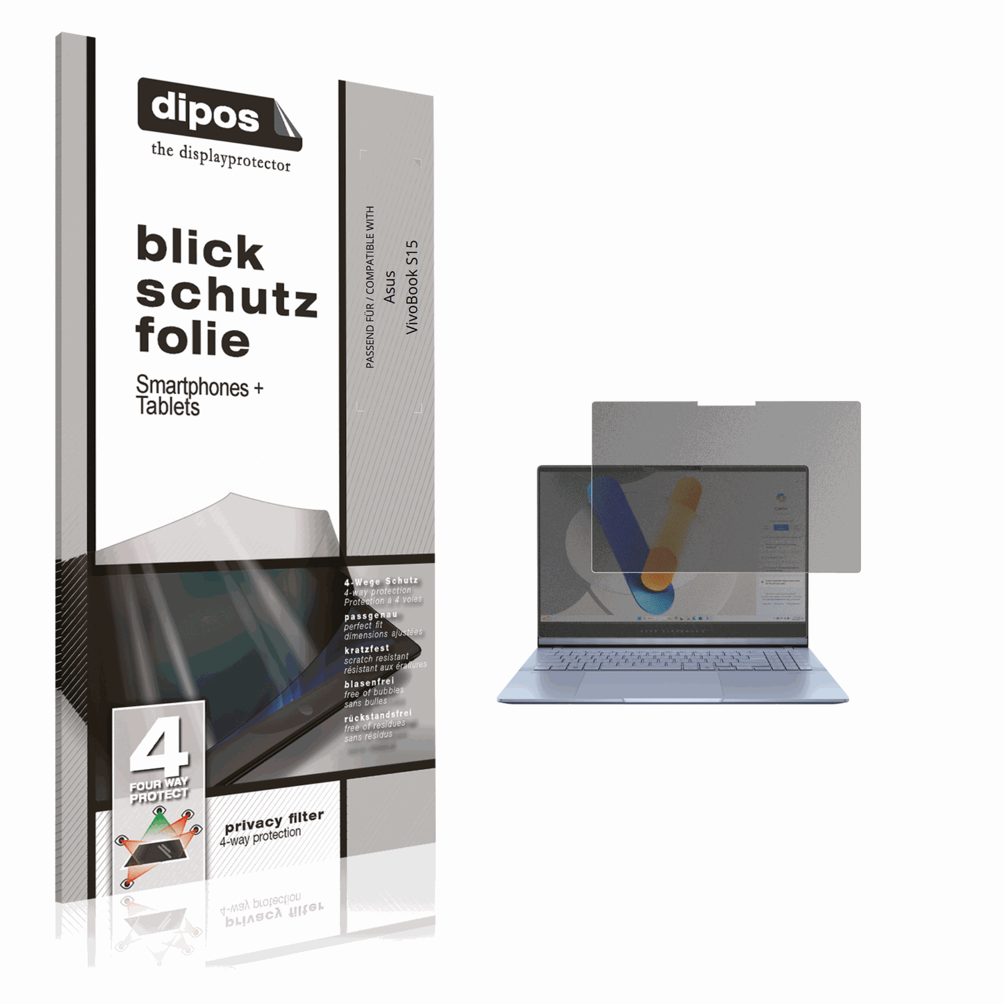 Blickschutzfolie von dipos passend für asusvivobook s15, präziser Zuschnitt und blasenfrei montiert