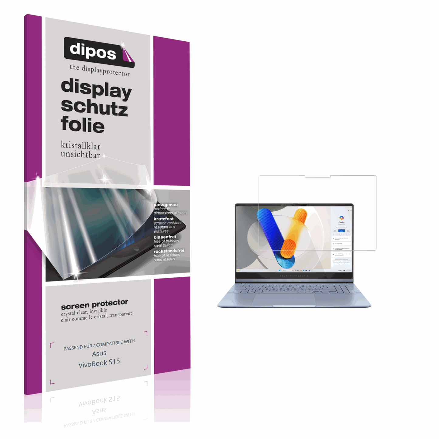 Klare Displayschutzfolie von dipos passend für asusvivobook s15, präziser Zuschnitt und blasenfrei montiert