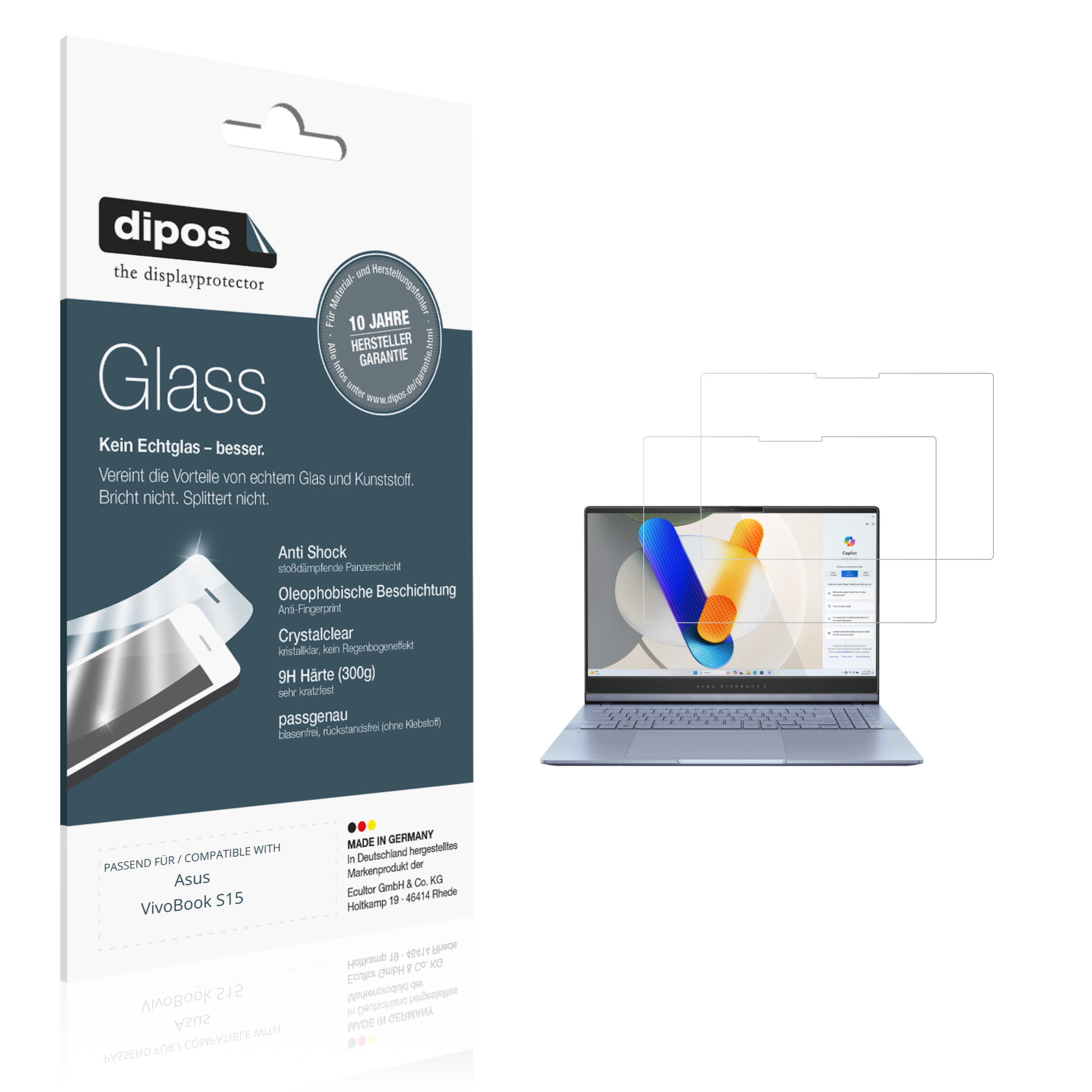 Klare Displayschutzfolie von dipos passend für asusvivobook s15, 9H kratzfest und blasenfrei montiert