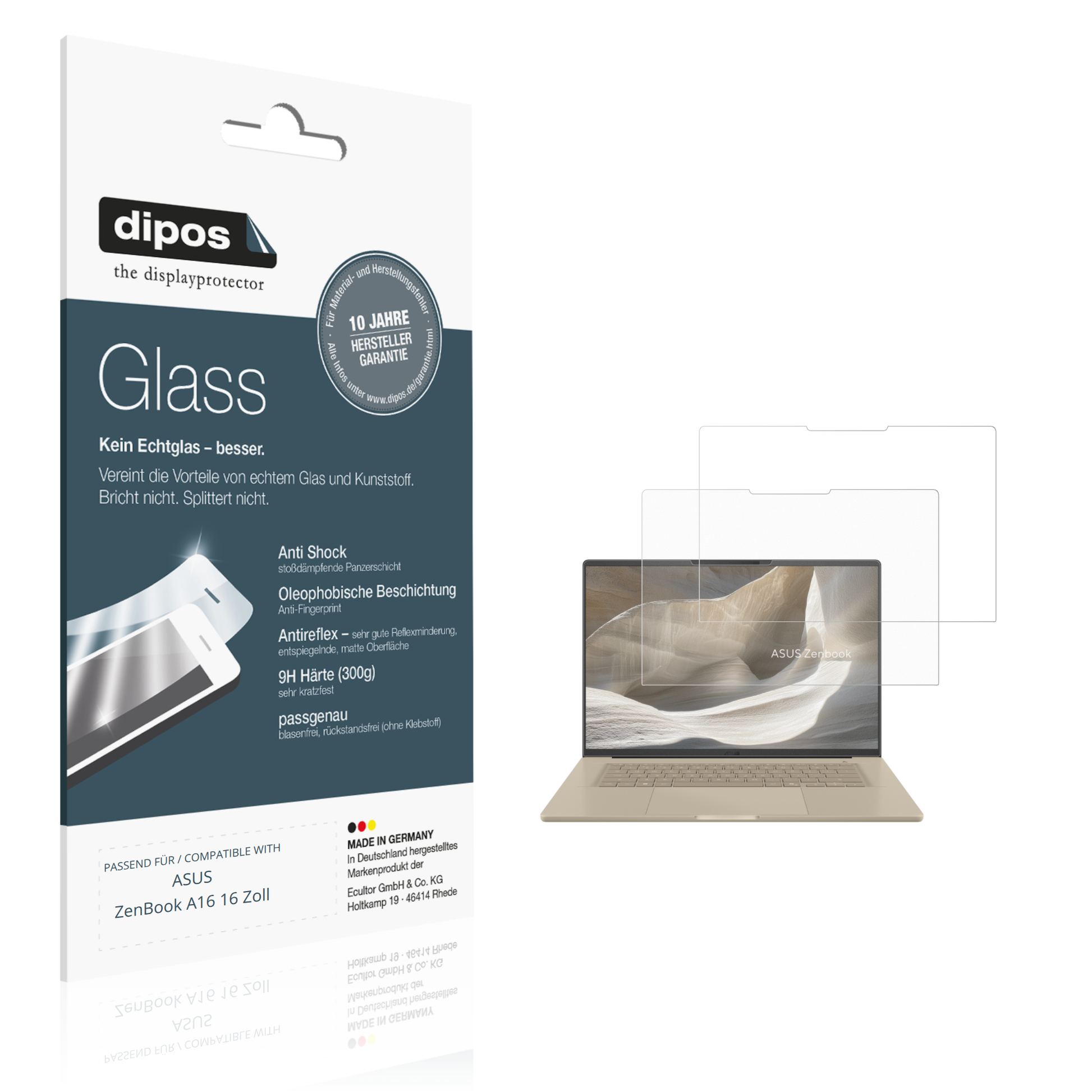 Matte Displayschutzfolie von dipos passend für ASUS ZenBook A16 16 Zoll, 9H kratzfest und blasenfrei montiert