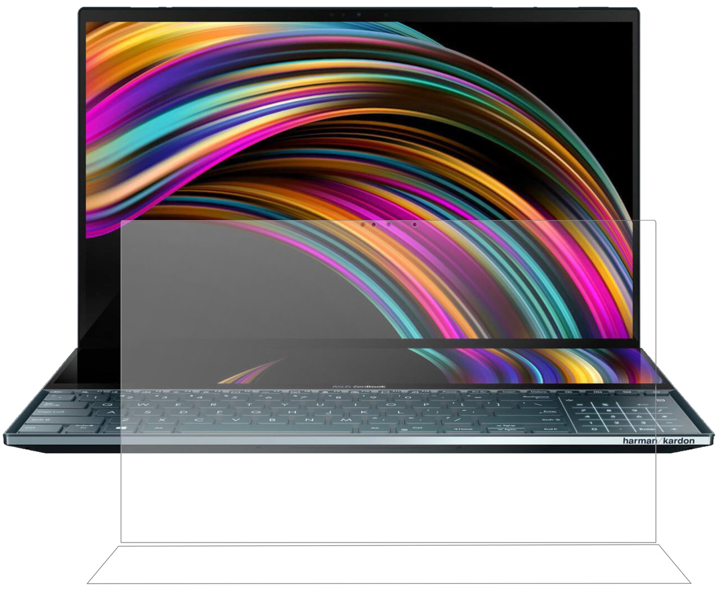 AsusZenBook Pro Duo mit aufgebrachter dipos Panzerfolie, die lästige Fingerabdrücke minimiert