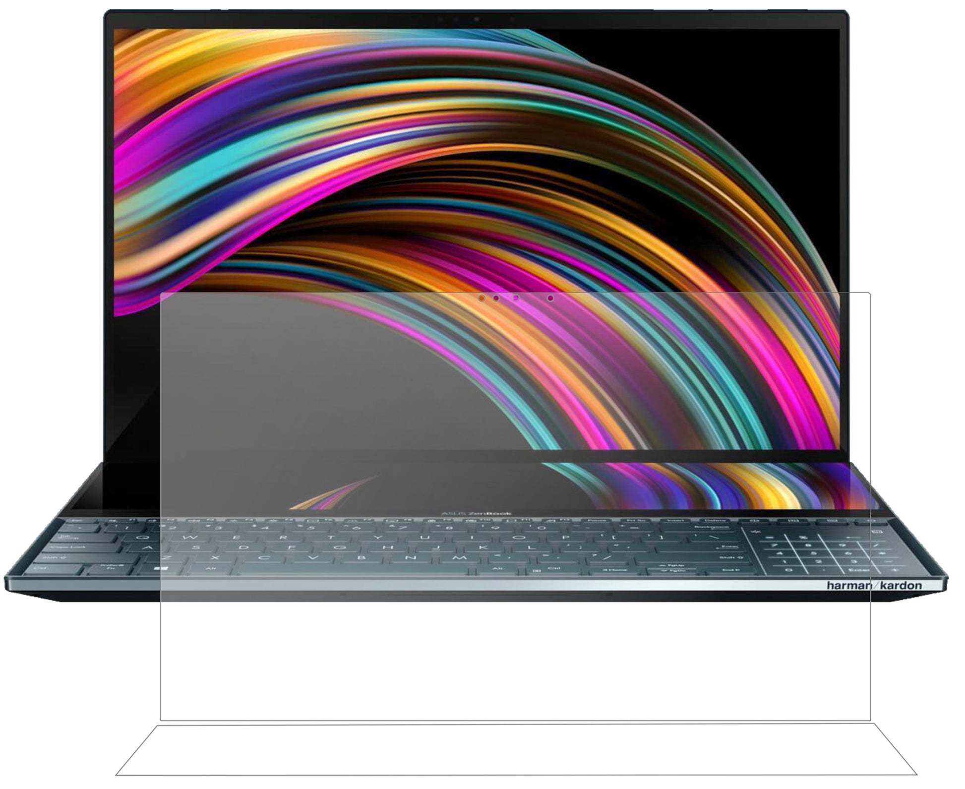 AsusZenBook Pro Duo mit aufgebrachter dipos Panzerfolie, die lästige Fingerabdrücke minimiert