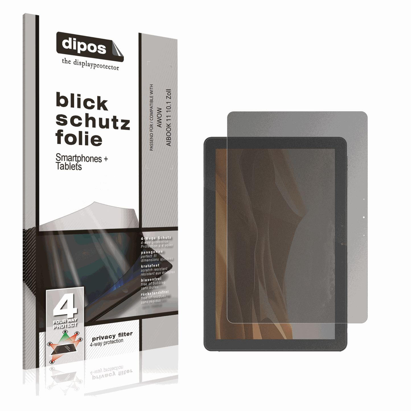 Blickschutzfolie von dipos passend für AWOW AIBOOK 11 10.1 Zoll, präziser Zuschnitt und blasenfrei montiert