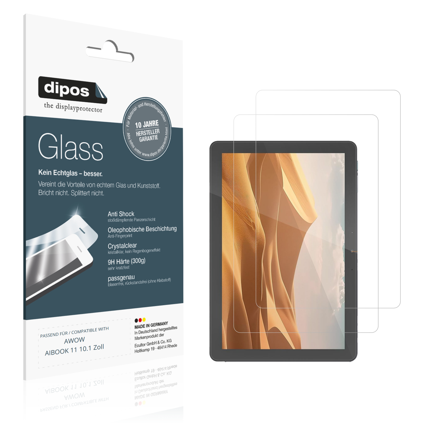 Klare Displayschutzfolie von dipos passend für AWOW AIBOOK 11 10.1 Zoll, 9H kratzfest und blasenfrei montiert