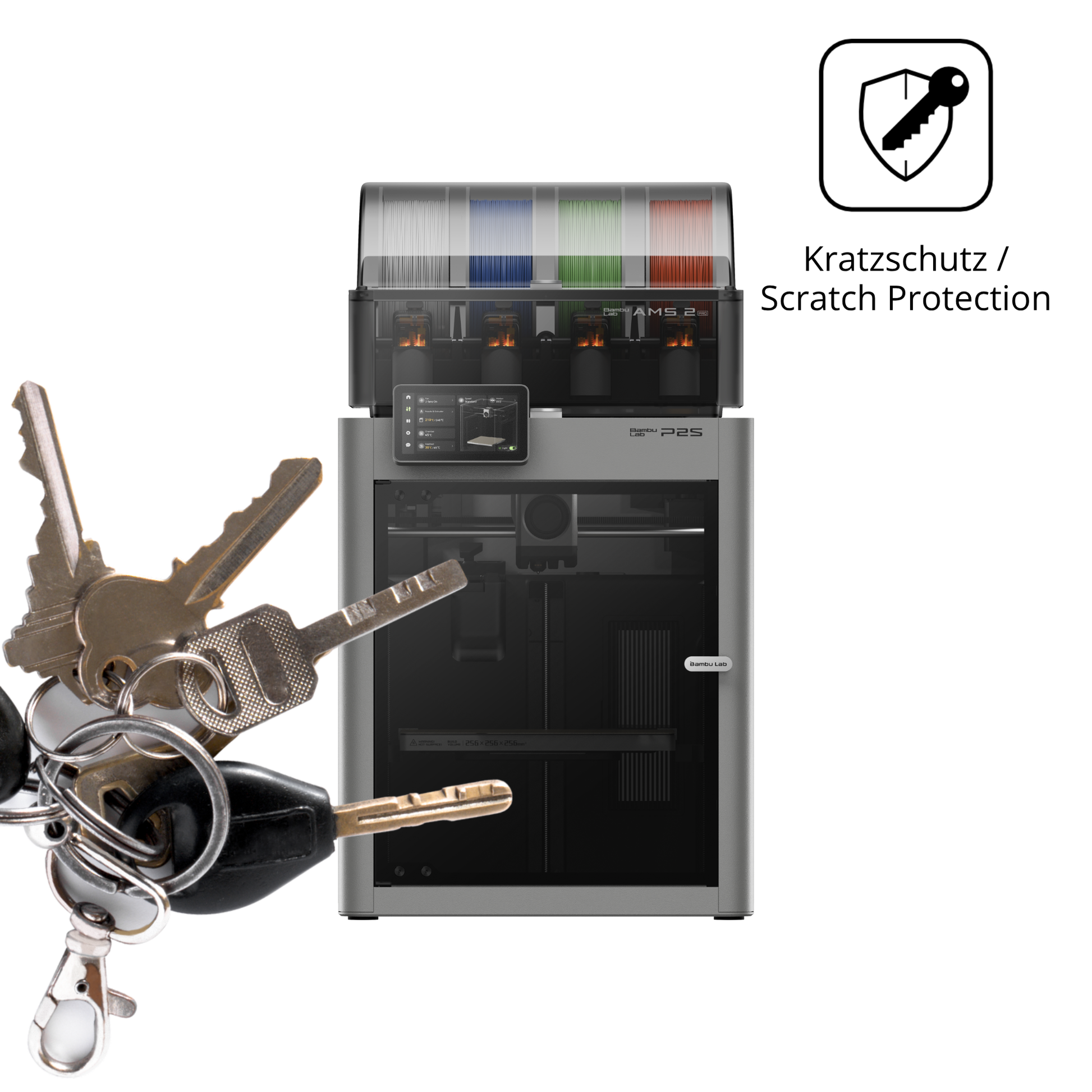 Schutz gegen Kratzer auf dem Bambu Lab P2S 3D Printer Glas durch Schlüssel oder Ähnliches