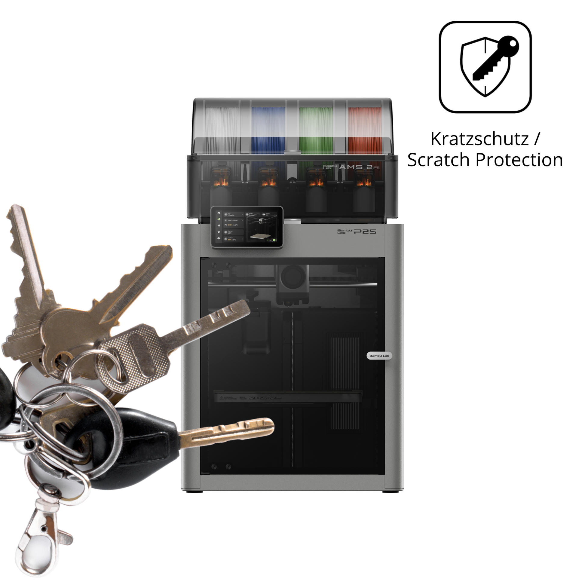 Schutz gegen Kratzer auf dem Bambu Lab P2S 3D Printer Glas durch Schlüssel oder Ähnliches