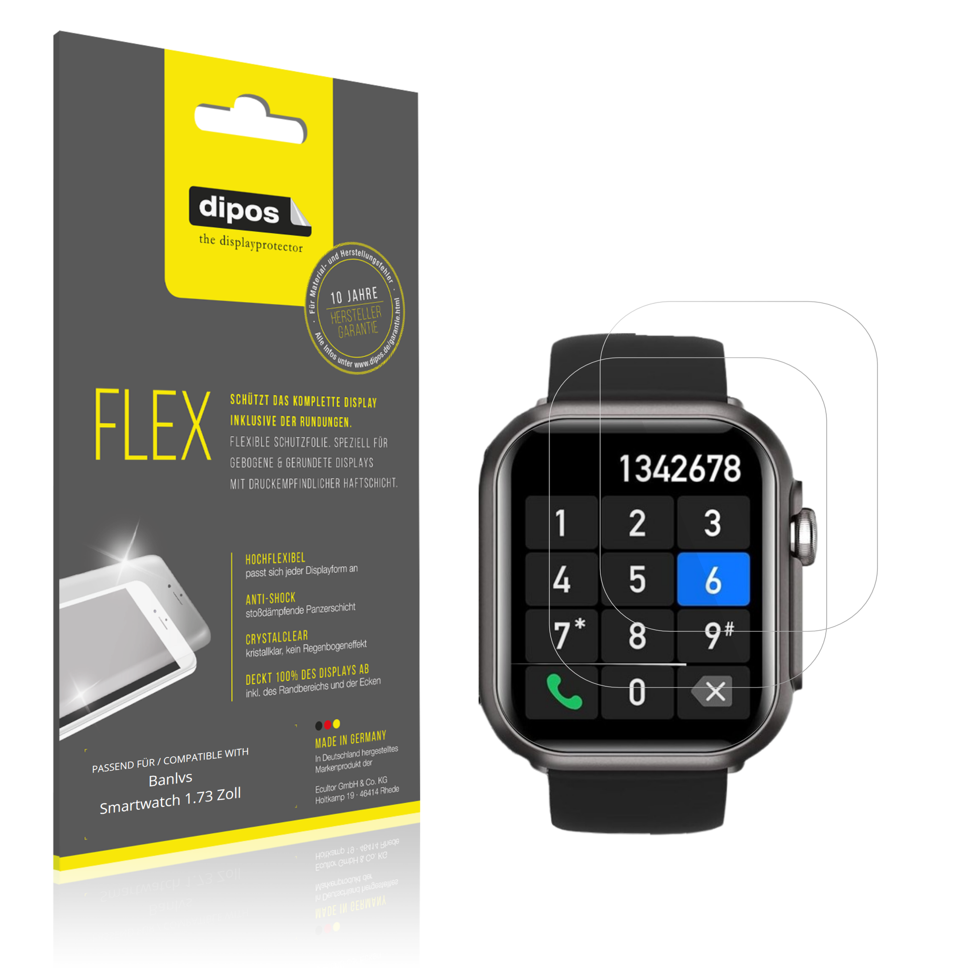 Klare Displayschutzfolie von dipos passend für Banlvs Smartwatch 1.73 Zoll, 100% Displayabdeckung und blasenfreie Montage