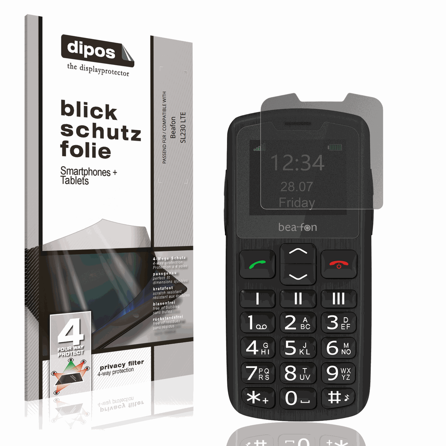 Blickschutzfolie von dipos passend für Beafon SL230 LTE, präziser Zuschnitt und blasenfrei montiert