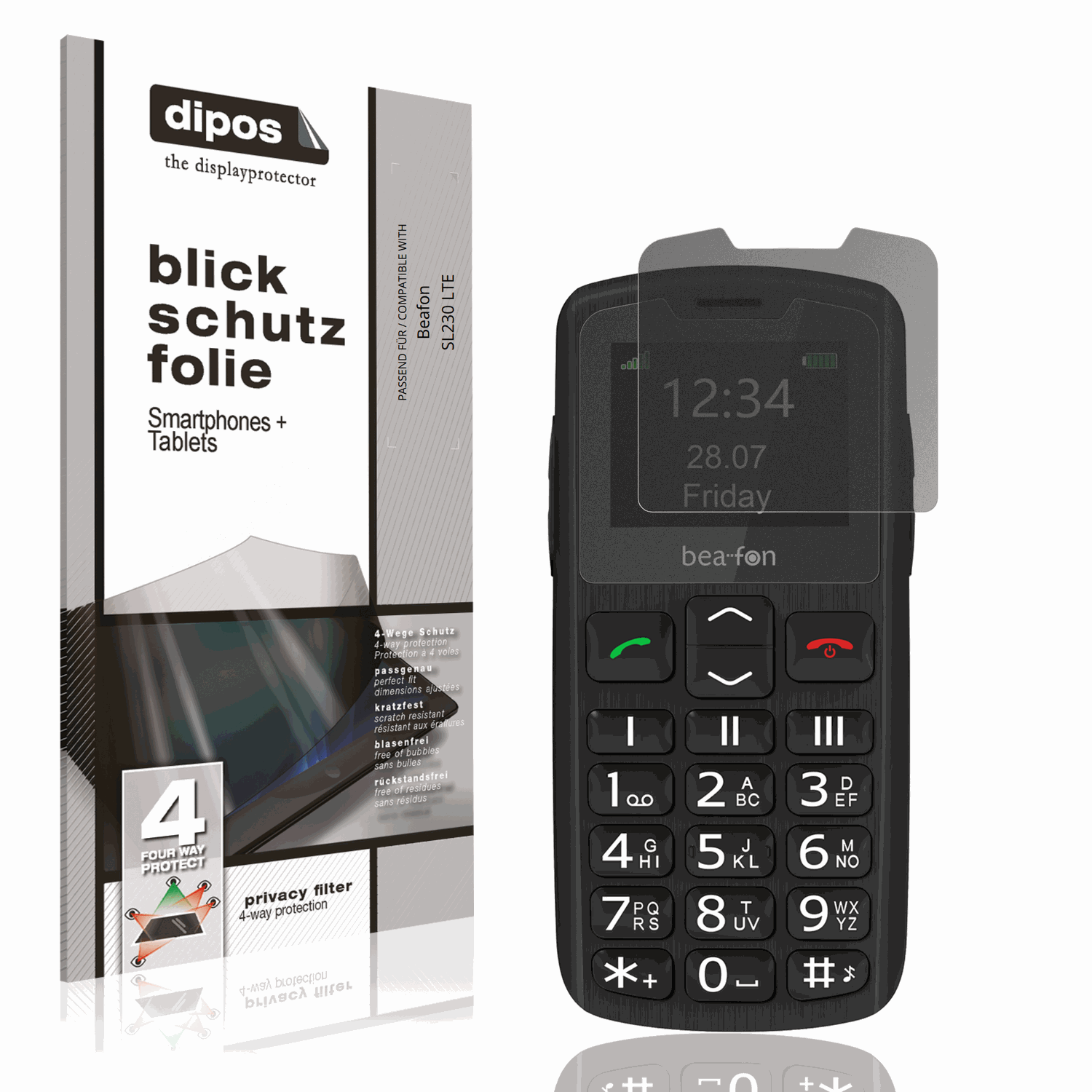 Blickschutzfolie von dipos passend für Beafon SL230 LTE, präziser Zuschnitt und blasenfrei montiert