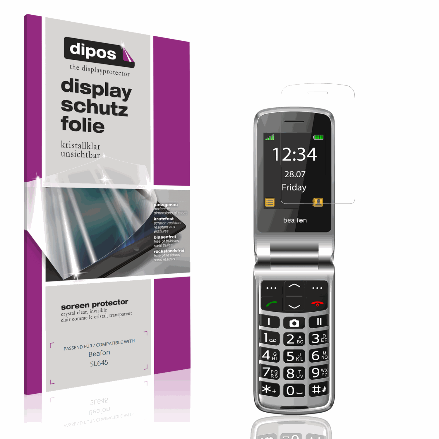 Klare Displayschutzfolie von dipos passend für Beafon SL645, präziser Zuschnitt und blasenfrei montiert