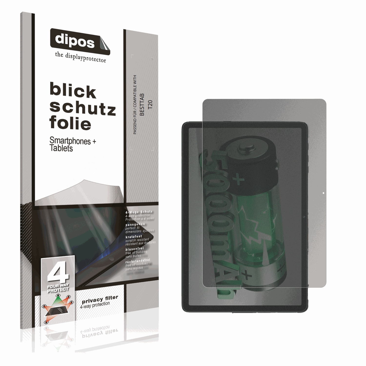 Blickschutzfolie von dipos passend für BESTTAB T20, präziser Zuschnitt und blasenfrei montiert