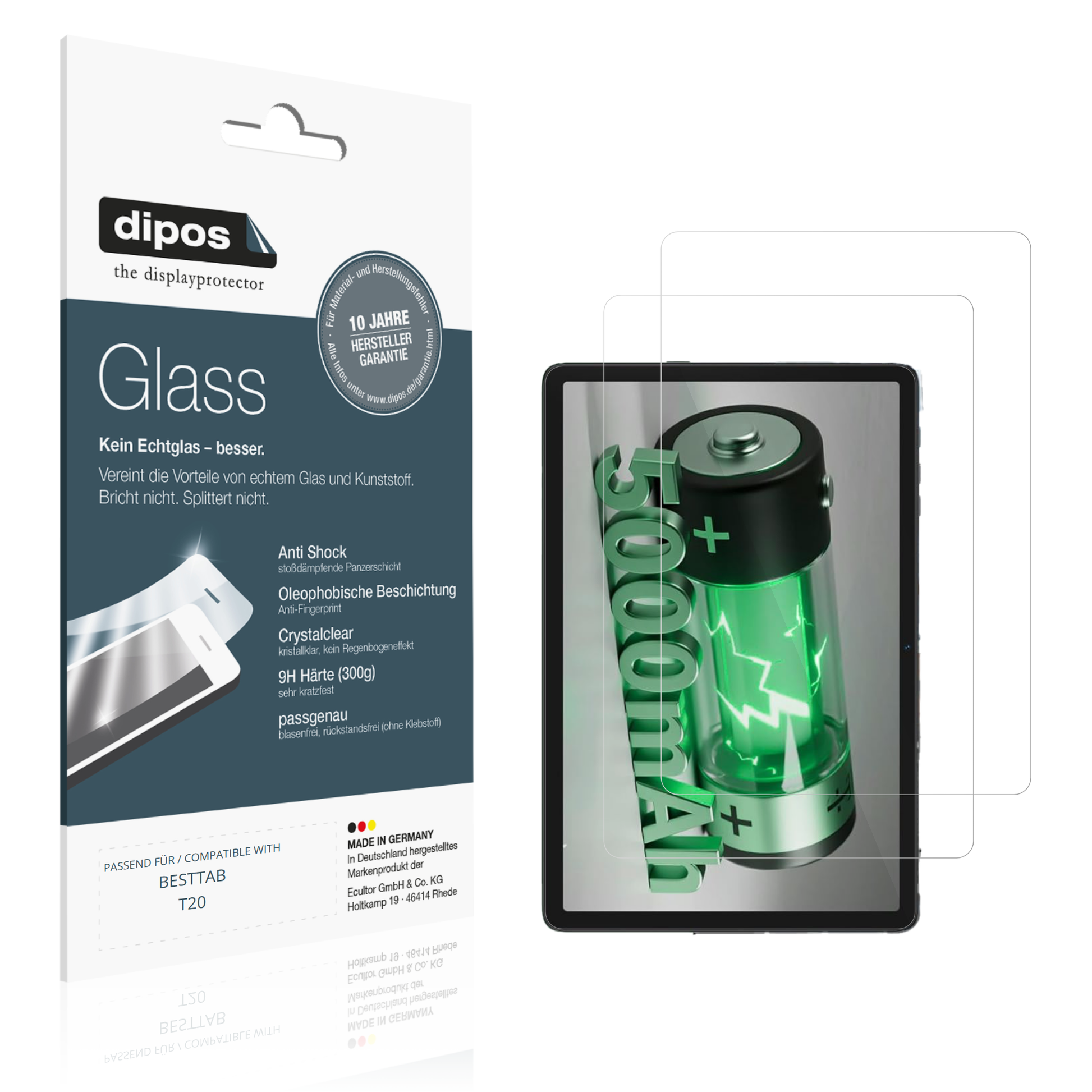 Klare Displayschutzfolie von dipos passend für BESTTAB T20, 9H kratzfest und blasenfrei montiert