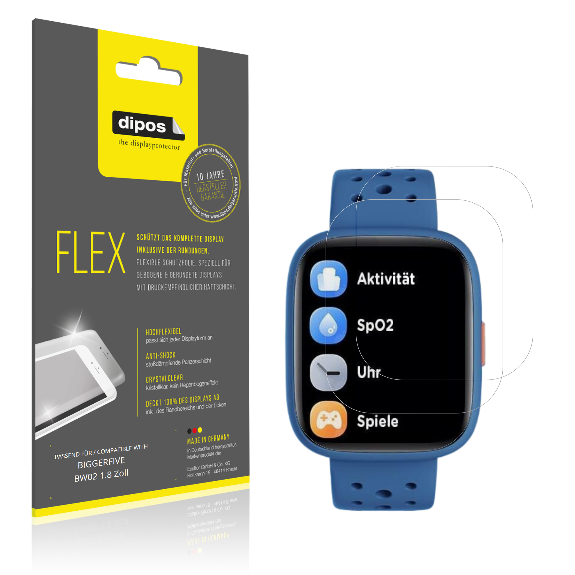 Klare Displayschutzfolie von dipos passend für BIGGERFIVE BW02 1.8 Zoll, 100% Displayabdeckung und blasenfreie Montage