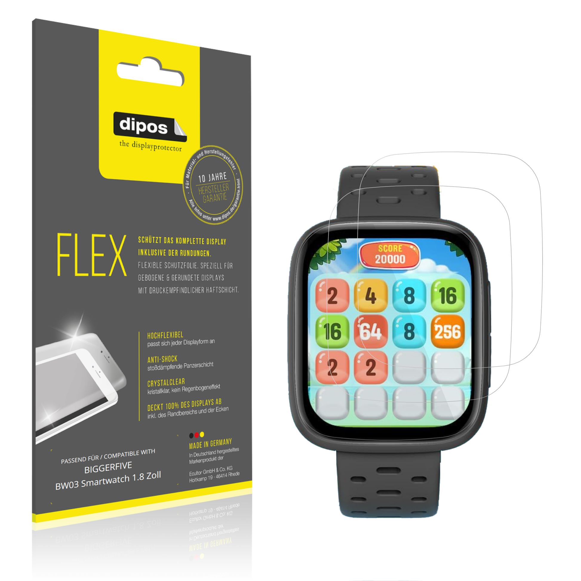Klare Displayschutzfolie von dipos passend für BIGGERFIVE BW03 Smartwatch 1.8 Zoll, 100% Displayabdeckung und blasenfreie Montage