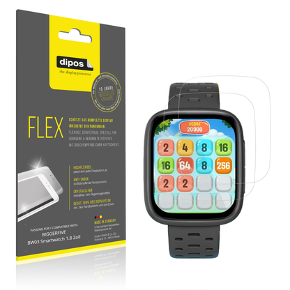 Klare Displayschutzfolie von dipos passend für BIGGERFIVE BW03 Smartwatch 1.8 Zoll, 100% Displayabdeckung und blasenfreie Montage