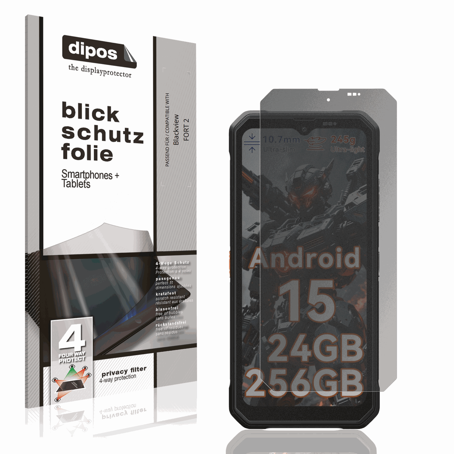 Blickschutzfolie von dipos passend für Blackview FORT 2, präziser Zuschnitt und blasenfrei montiert