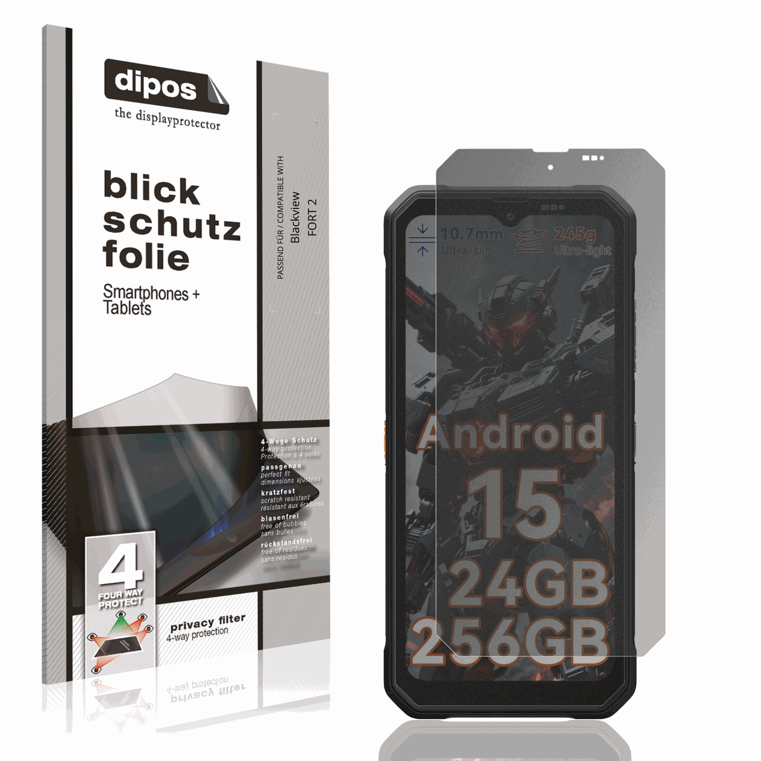 Blickschutzfolie von dipos passend für Blackview FORT 2, präziser Zuschnitt und blasenfrei montiert