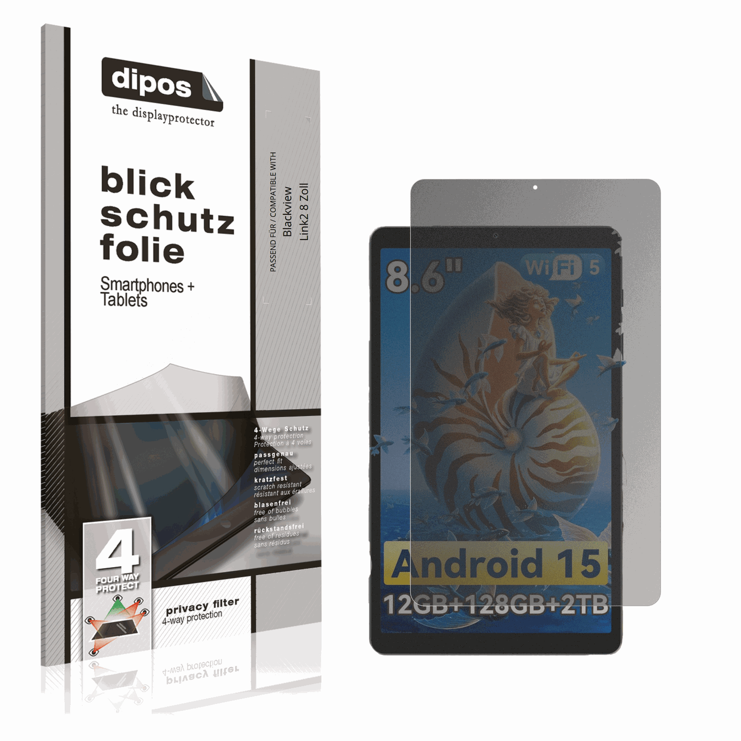 Blickschutzfolie von dipos passend für Blackview Link2 8 Zoll, präziser Zuschnitt und blasenfrei montiert