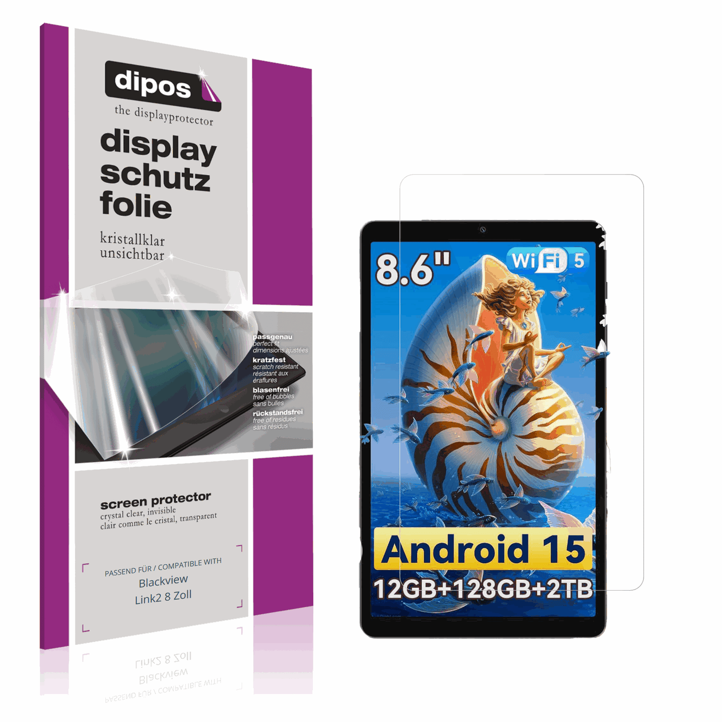Klare Displayschutzfolie von dipos passend für Blackview Link2 8 Zoll, präziser Zuschnitt und blasenfrei montiert