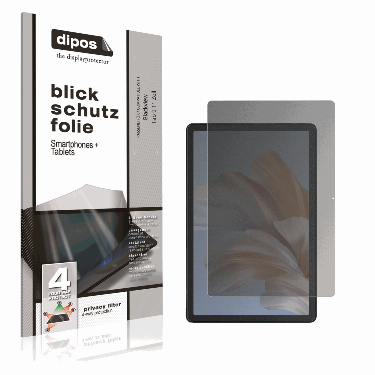 Blickschutzfolie von dipos passend für Blackview Tab 9 11 Zoll, präziser Zuschnitt und blasenfrei montiert