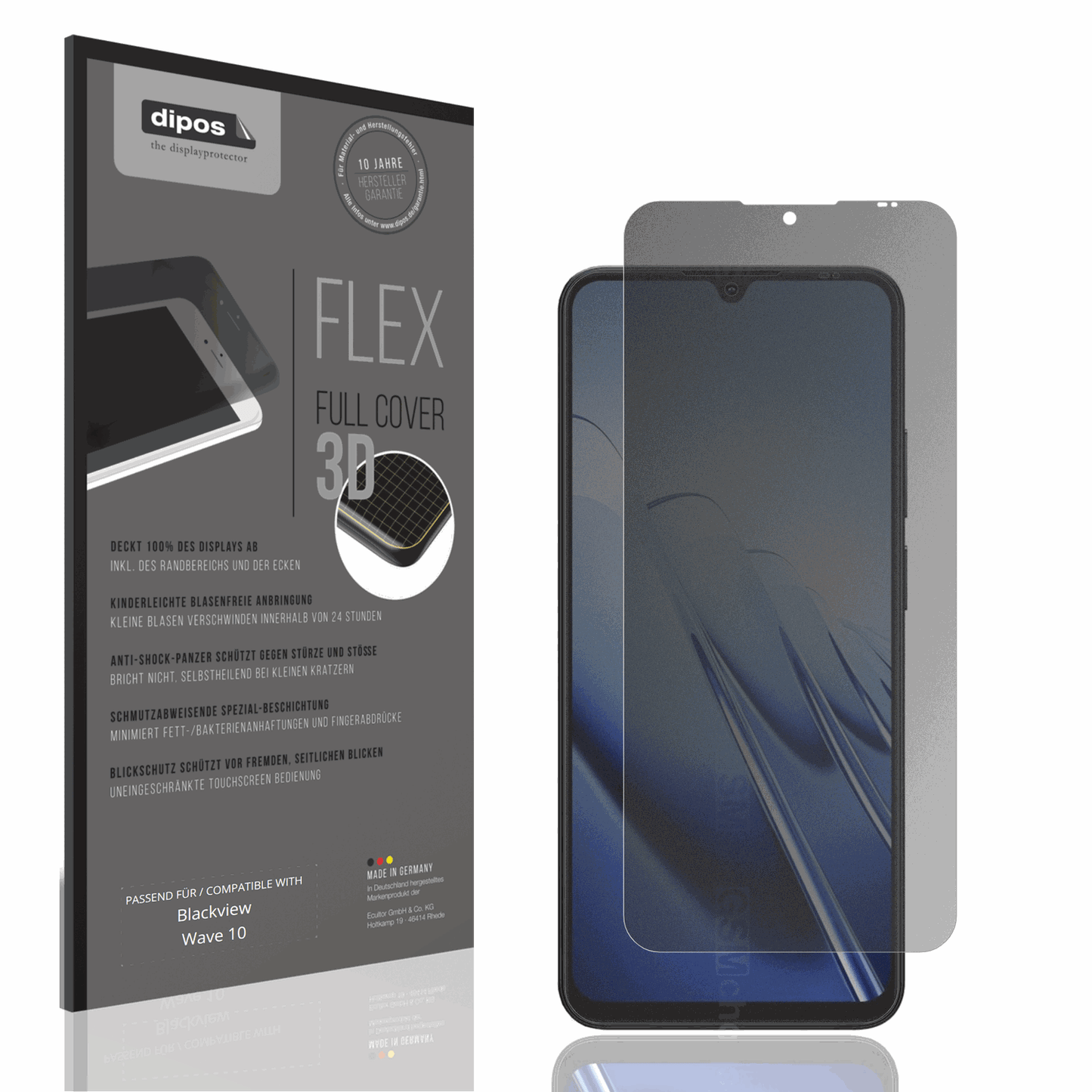 Blickschutzfolie von dipos passend für Blackview Wave 10, 100% Displayabdeckung und blasenfreie Montage