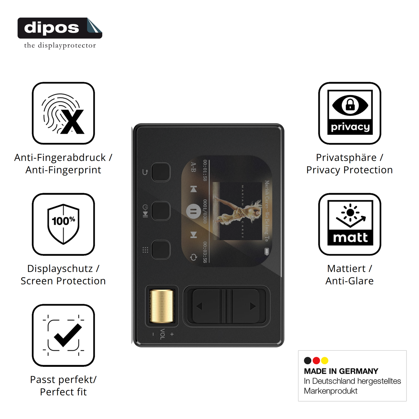 Privatsphäre-Schutz durch Sichtschutz-Folie passend zugeschnitten für Diofox M6 MP3-Player