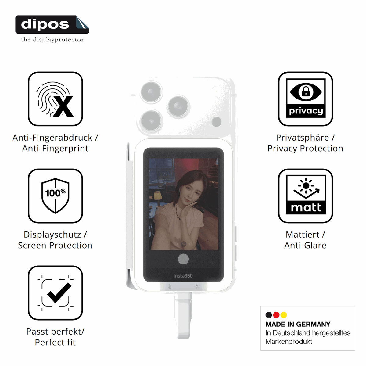 Privatsphäre-Schutz durch Sichtschutz-Folie passend zugeschnitten für Insta360 Snap Selfie-Screen