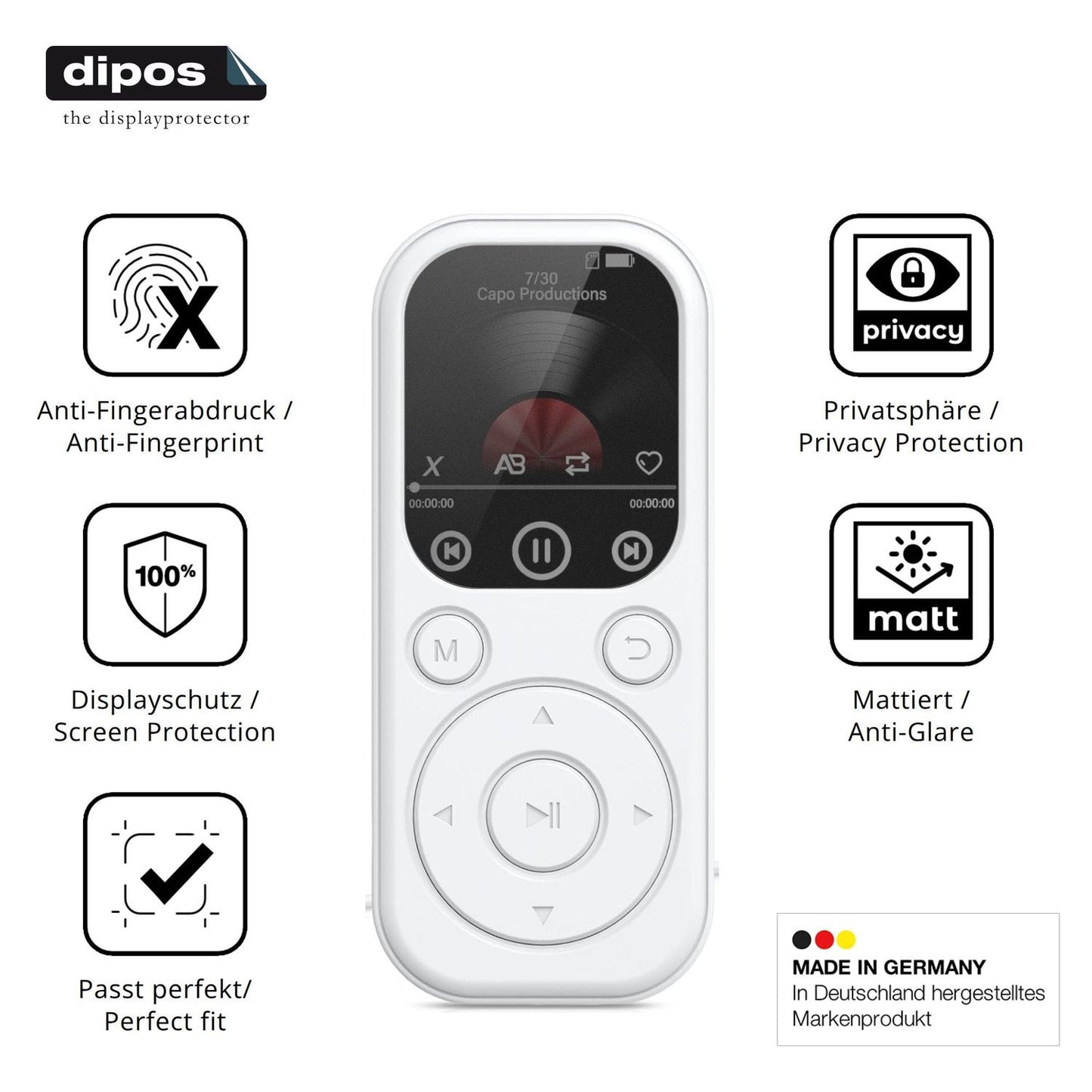 Privatsphäre-Schutz durch Sichtschutz-Folie passend zugeschnitten für RWSRW MP301-BS MP3-Player