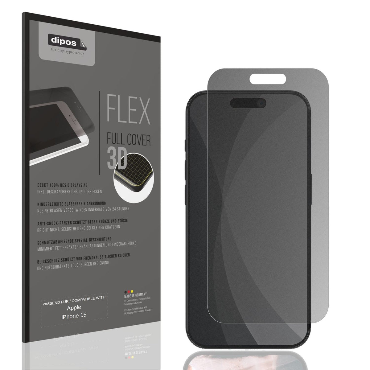Blickschutzfolie von dipos passend für Apple iPhone 15, 100% Displayabdeckung und blasenfreie Montage