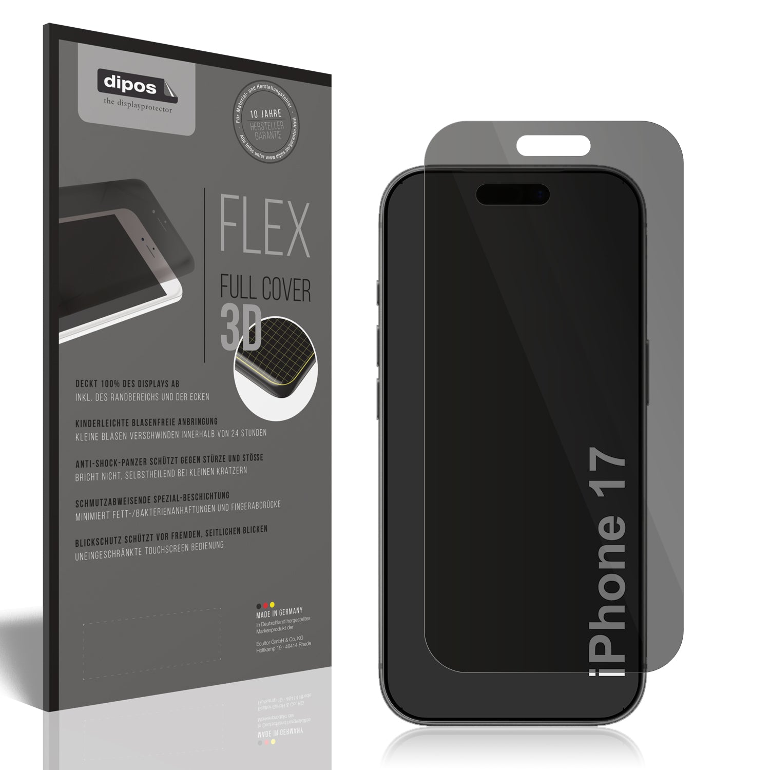 Blickschutzfolie von dipos passend für Apple iPhone 17, 100% Displayabdeckung und blasenfreie Montage