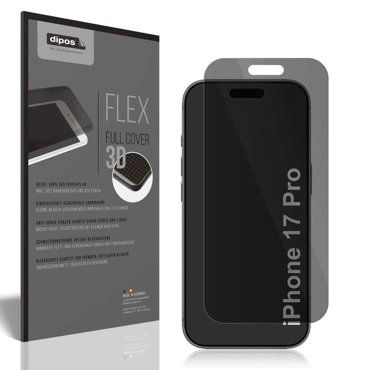 Blickschutzfolie von dipos passend für Apple iPhone 17 Pro, 100% Displayabdeckung und blasenfreie Montage