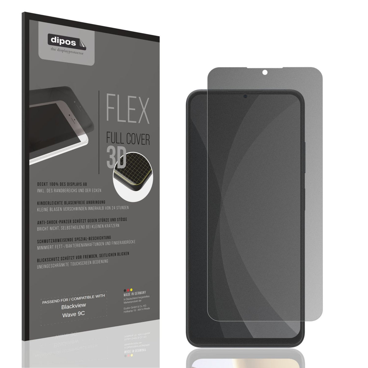 Blickschutzfolie von dipos passend für Blackview Wave 9C, 100% Displayabdeckung und blasenfreie Montage