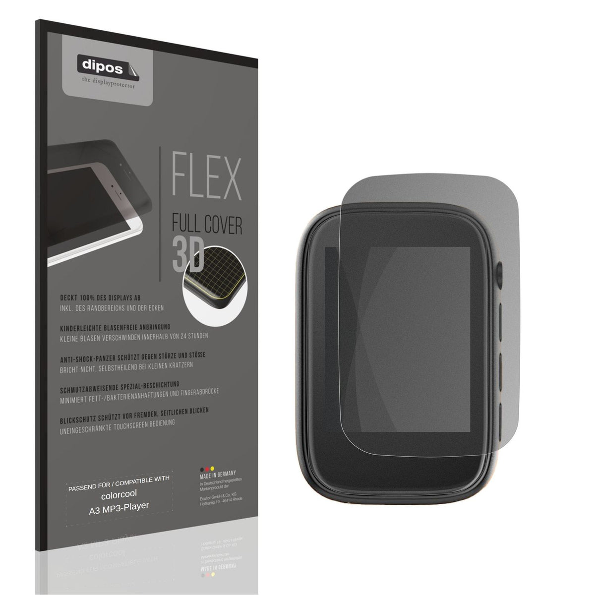 Blickschutzfolie von dipos passend für colorcool A3 MP3-Player, 100% Displayabdeckung und blasenfreie Montage