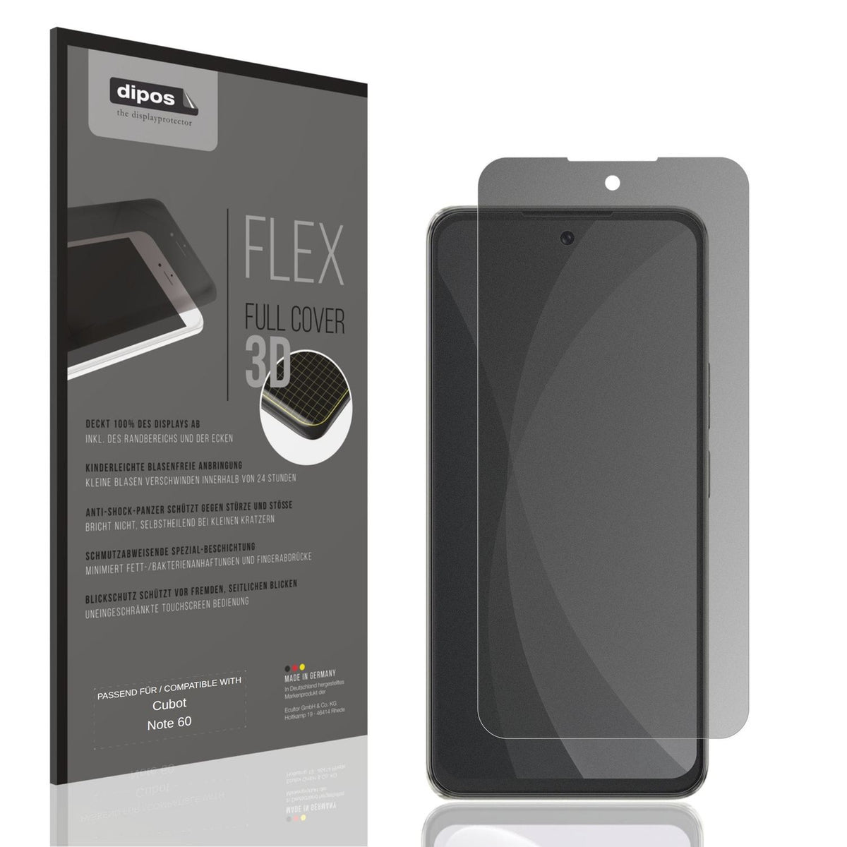 Blickschutzfolie von dipos passend für Cubot Note 60, 100% Displayabdeckung und blasenfreie Montage