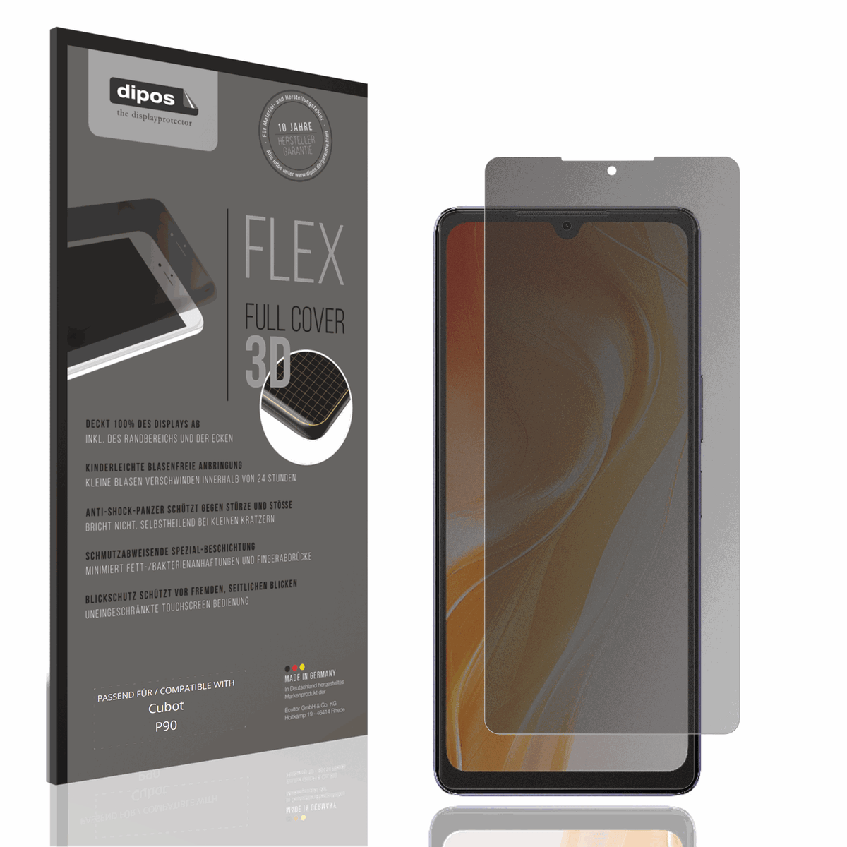 Blickschutzfolie von dipos passend für Cubot P90, 100% Displayabdeckung und blasenfreie Montage